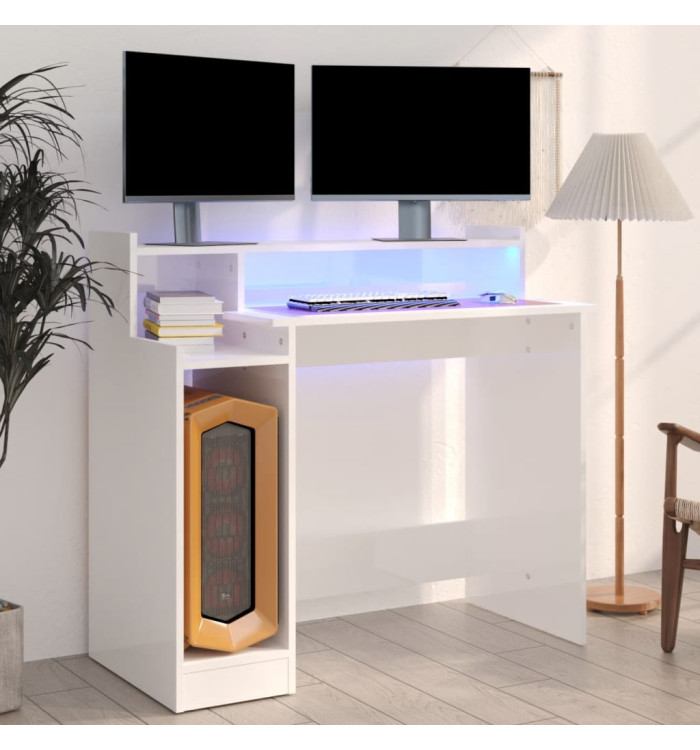 Bureau lumières LED Blanc brillant 97x45x90cm Bois d'ingénierie | Mobilier & Déco
