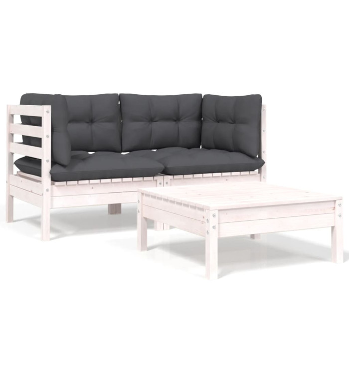Salon de jardin 3 pcs avec coussins Blanc Bois de pin massif | Mobilier & Déco