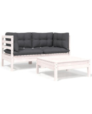 Salon de jardin 3 pcs avec coussins Blanc Bois de pin massif | Mobilier & Déco