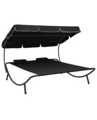 Lit de repos d'extérieur avec auvent et oreillers Noir | Mobilier & Déco