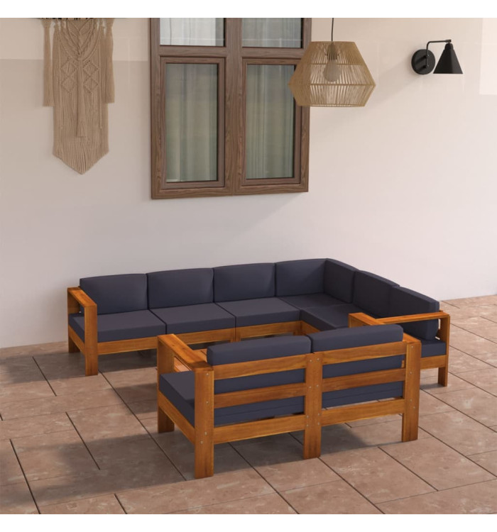 Salon de jardin 8 pcs avec coussins gris foncé Bois d'acacia | Mobilier & Déco