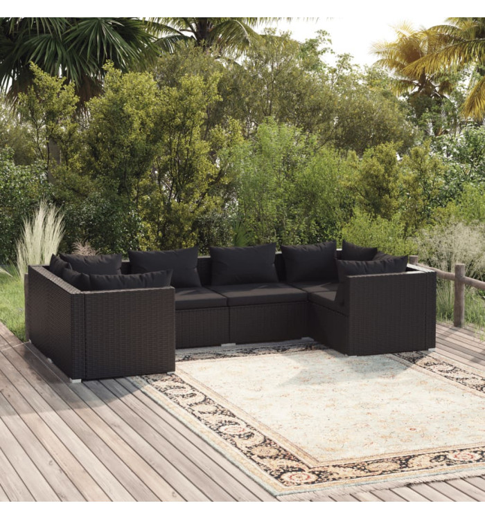 Salon de jardin 6 pcs avec coussins résine tressée noir | Mobilier & Déco