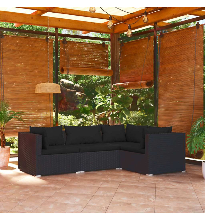 Salon de jardin 4 pcs avec coussins Résine tressée Noir | Mobilier & Déco