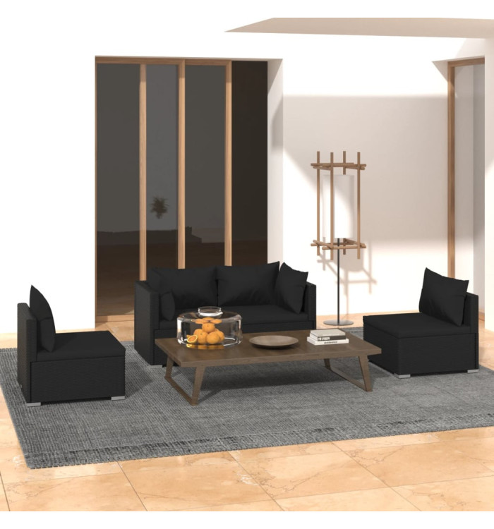 Salon de jardin 4 pcs avec coussins Résine tressée Noir | Mobilier & Déco