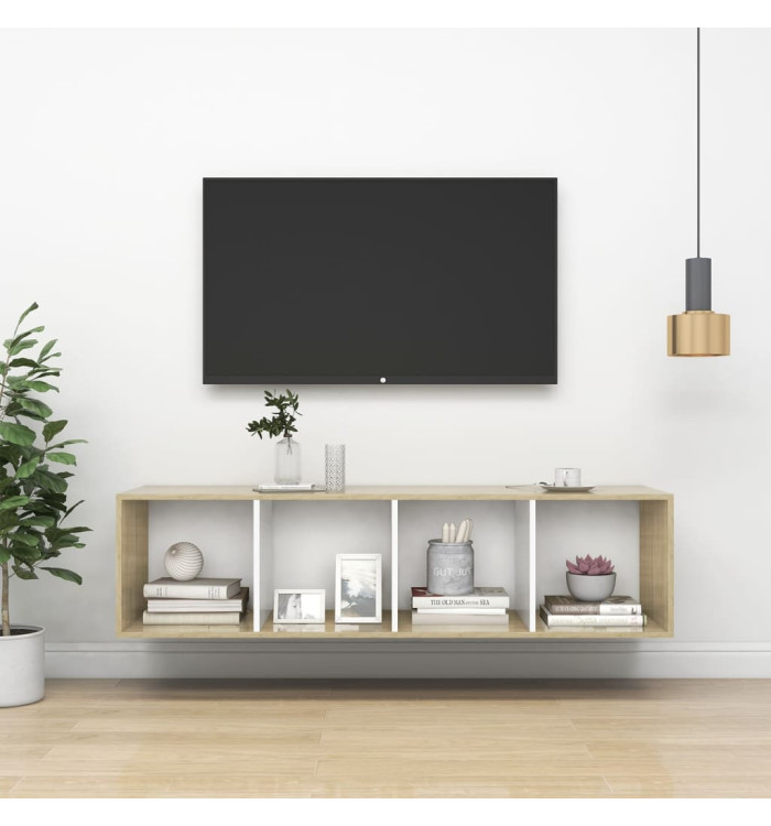 Meuble TV mural Blanc et chêne sonoma Bois d’ingénierie | Mobilier & Déco