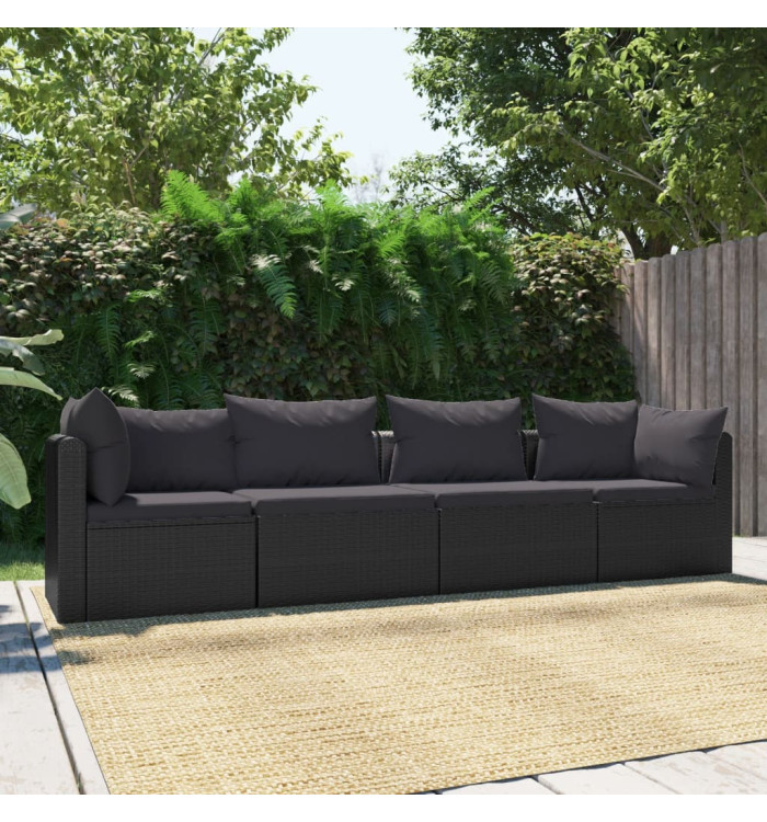 Canapés de jardin 4 pcs avec coussins Résine tressée Noir | Mobilier & Déco