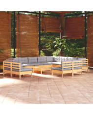 Salon de jardin 13 pcs avec coussins gris Bois de pin solide | Mobilier & Déco
