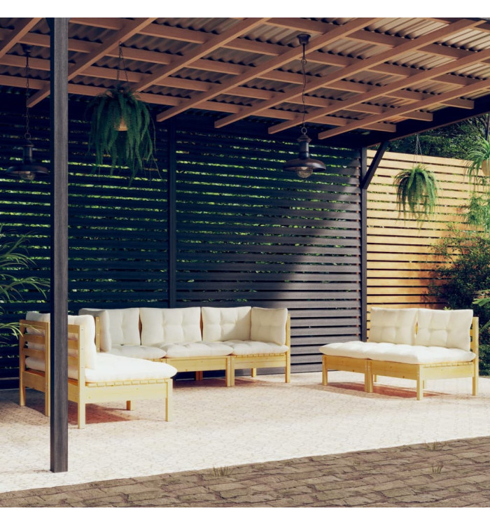 Salon de jardin 7 pcs avec coussins crème bois de pin massif | Mobilier & Déco