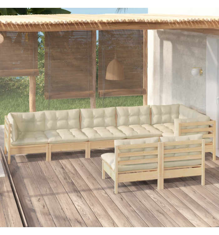 Salon de jardin 8 pcs avec coussins crème Bois de pin massif | Mobilier & Déco
