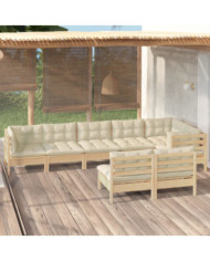 Salon de jardin 8 pcs avec coussins crème Bois de pin massif | Mobilier & Déco