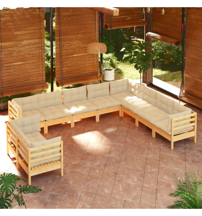 Salon de jardin 10 pcs avec coussins crème bois de pin massif | Mobilier & Déco