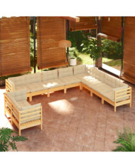 Salon de jardin 10 pcs avec coussins crème bois de pin massif | Mobilier & Déco