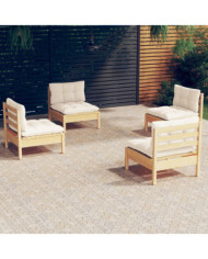 Salon de jardin 4 pcs avec coussins crème Bois de pin | Mobilier & Déco