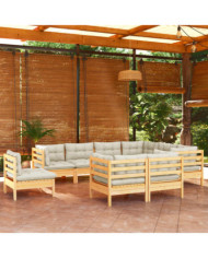 Salon de jardin 9 pcs avec coussins crème bois de pin massif | Mobilier & Déco
