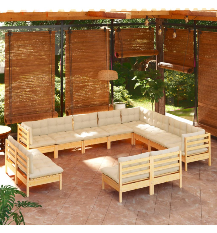 Salon de jardin 12 pcs avec coussins crème Bois de pin massif | Mobilier & Déco