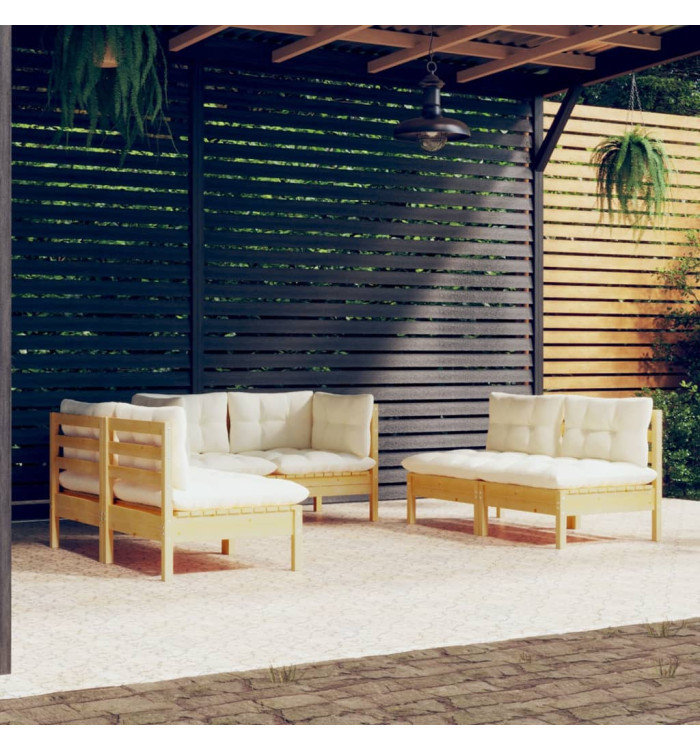 Salon de jardin 6 pcs avec coussins crème Bois de pin massif | Mobilier & Déco