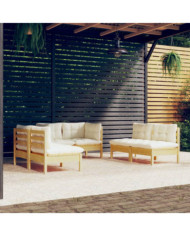 Salon de jardin 6 pcs avec coussins crème Bois de pin massif | Mobilier & Déco