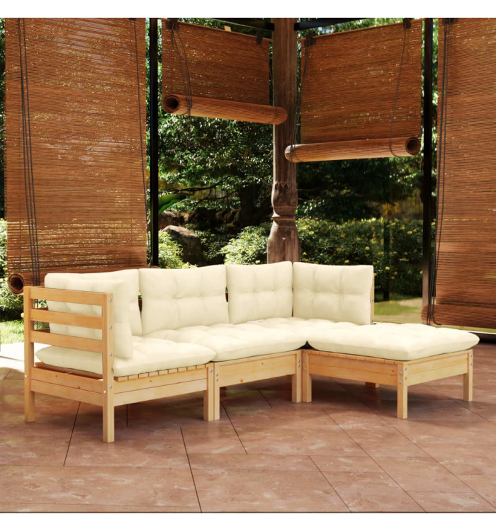 Salon de jardin 4 pcs avec coussins crème Bois de pin | Mobilier & Déco