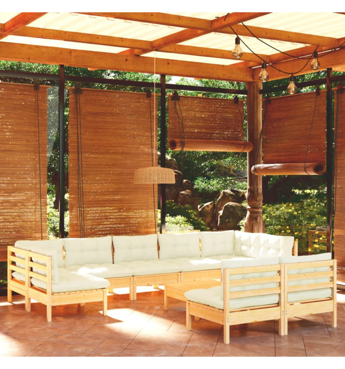Salon de jardin 10 pcs avec coussins crème bois de pin massif | Mobilier & Déco