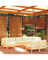 Salon de jardin 10 pcs avec coussins crème bois de pin massif | Mobilier & Déco