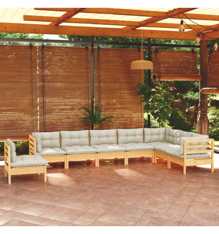 Salon de jardin 8 pcs avec coussins crème Bois de pin massif | Mobilier & Déco