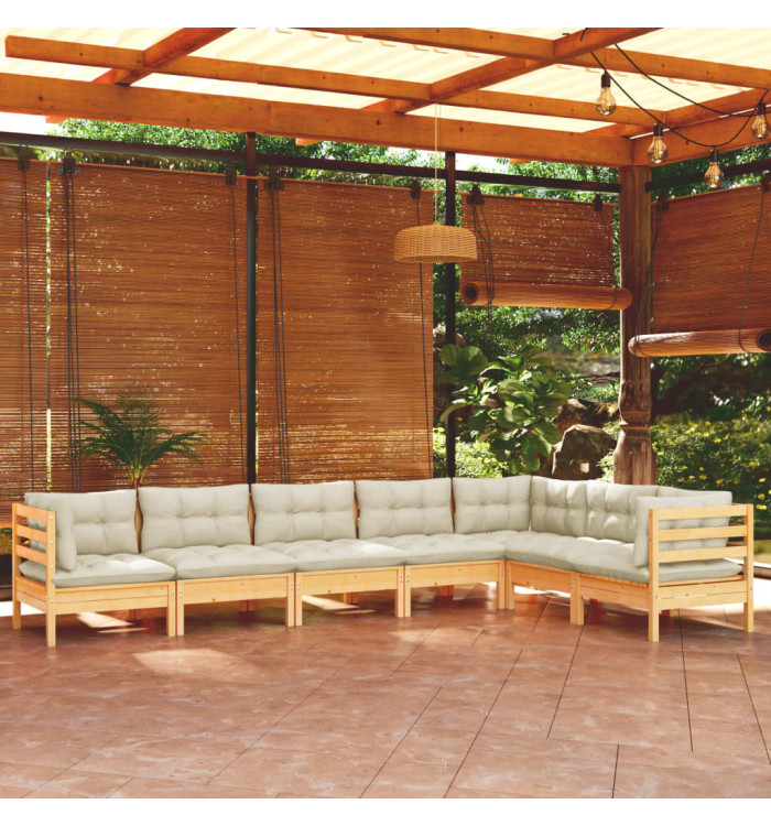 Salon de jardin 7 pcs avec coussins crème bois de pin massif | Mobilier & Déco