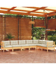 Salon de jardin 7 pcs avec coussins crème bois de pin massif | Mobilier & Déco