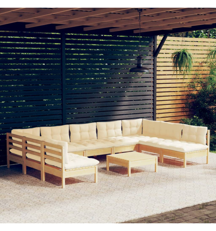 Salon de jardin 10 pcs avec coussins crème bois de pin massif | Mobilier & Déco