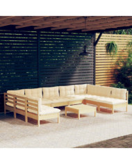 Salon de jardin 10 pcs avec coussins crème bois de pin massif | Mobilier & Déco