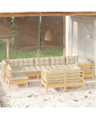 Salon de jardin 9 pcs avec coussins crème bois de pin massif | Mobilier & Déco