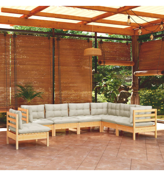 Salon de jardin 7 pcs avec coussins crème bois de pin massif | Mobilier & Déco