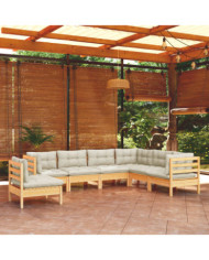 Salon de jardin 7 pcs avec coussins crème bois de pin massif | Mobilier & Déco