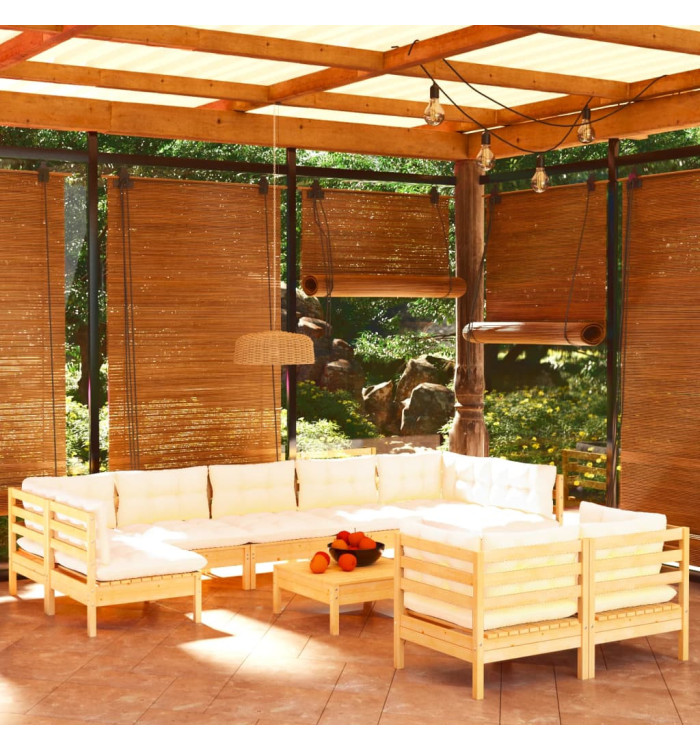 Salon de jardin 10 pcs avec coussins crème bois de pin massif | Mobilier & Déco