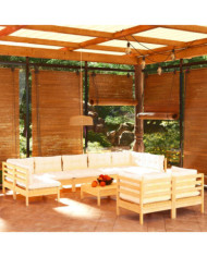 Salon de jardin 10 pcs avec coussins crème bois de pin massif | Mobilier & Déco