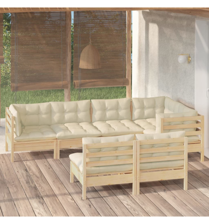 Salon de jardin 7 pcs avec coussins crème bois de pin massif | Mobilier & Déco