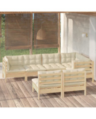 Salon de jardin 7 pcs avec coussins crème bois de pin massif | Mobilier & Déco