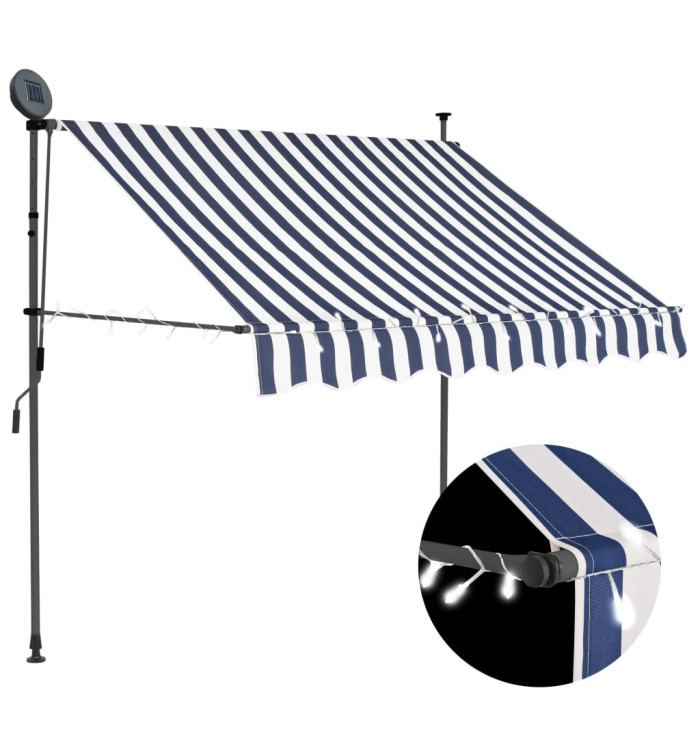 Auvent manuel rétractable avec LED 150 cm Bleu et blanc | Mobilier & Déco