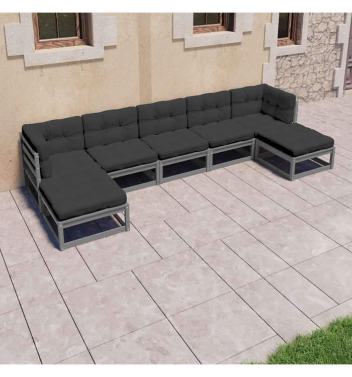Salon de jardin 7 pcs avec coussins Gris Bois de pin massif | Mobilier & Déco