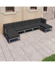 Salon de jardin 7 pcs avec coussins Gris Bois de pin massif | Mobilier & Déco