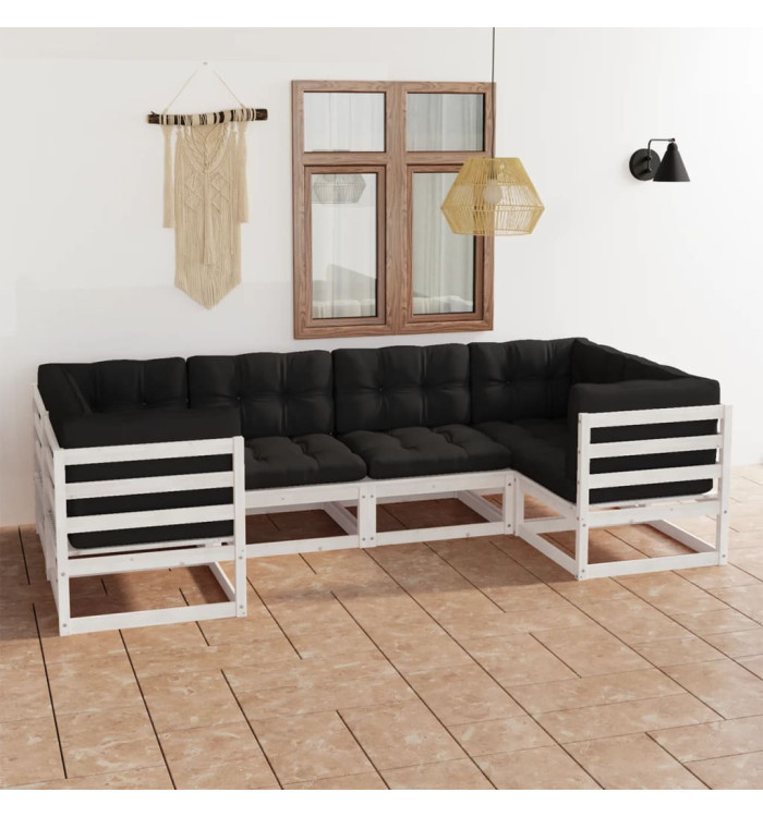 Salon de jardin avec coussins 6 pcs blanc bois de pin massif | Mobilier & Déco