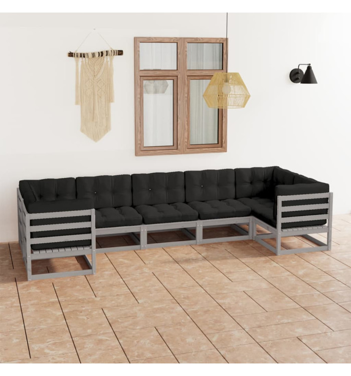 Salon de jardin 7 pcs avec coussins Gris Bois de pin massif | Mobilier & Déco