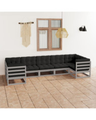 Salon de jardin 7 pcs avec coussins Gris Bois de pin massif | Mobilier & Déco