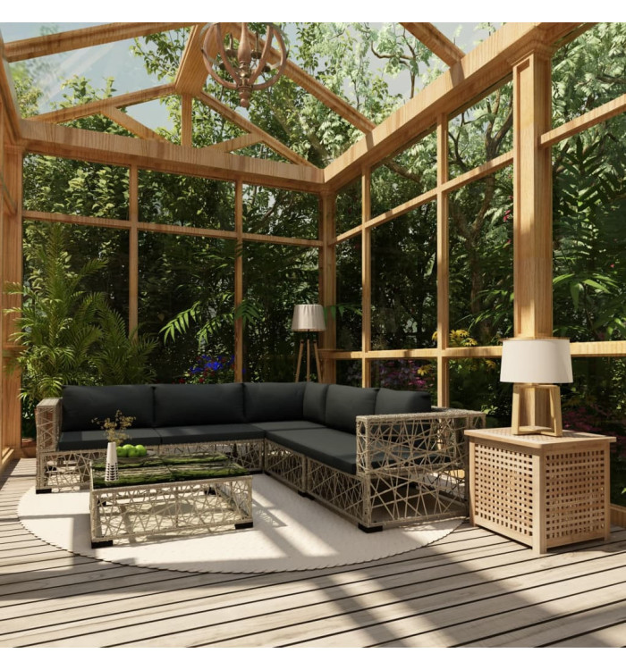 Salon de jardin 6 pcs avec coussins résine tressée gris | Mobilier & Déco