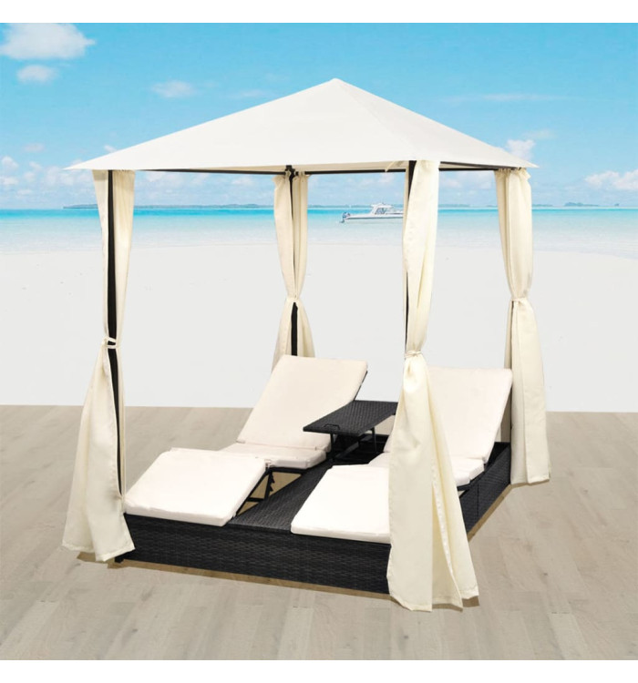 Chaise longue double avec rideaux Résine tressée Noir | Mobilier & Déco