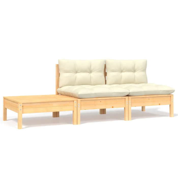 Salon de jardin 3 pcs avec coussins crème Bois de pin massif | Mobilier & Déco