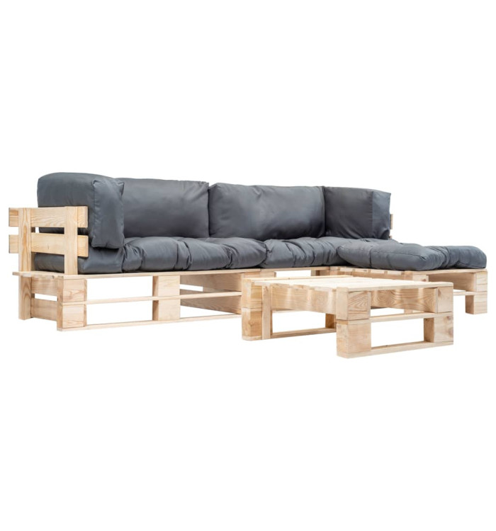 Salon de jardin palette 4 pcs avec coussins gris bois | Mobilier & Déco