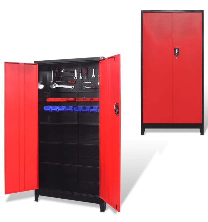 Armoire à outils avec 2 portes Acier 90x40x180 cm Noir et rouge | Mobilier & Déco