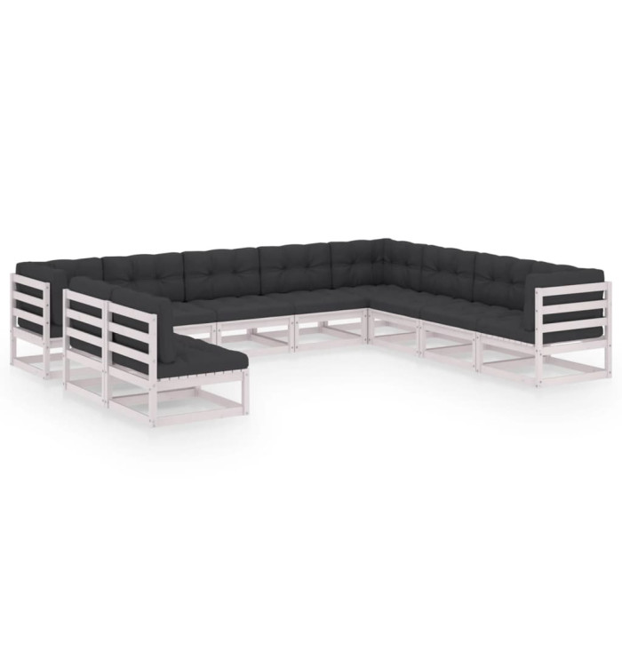 Salon de jardin 10 pcs avec coussins Blanc Bois de pin massif | Mobilier & Déco