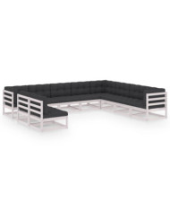 Salon de jardin 10 pcs avec coussins Blanc Bois de pin massif | Mobilier & Déco