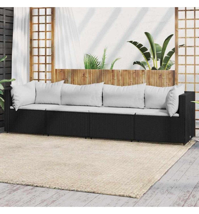 Salon de jardin 4 pcs avec coussins Noir Résine tressée | Mobilier & Déco